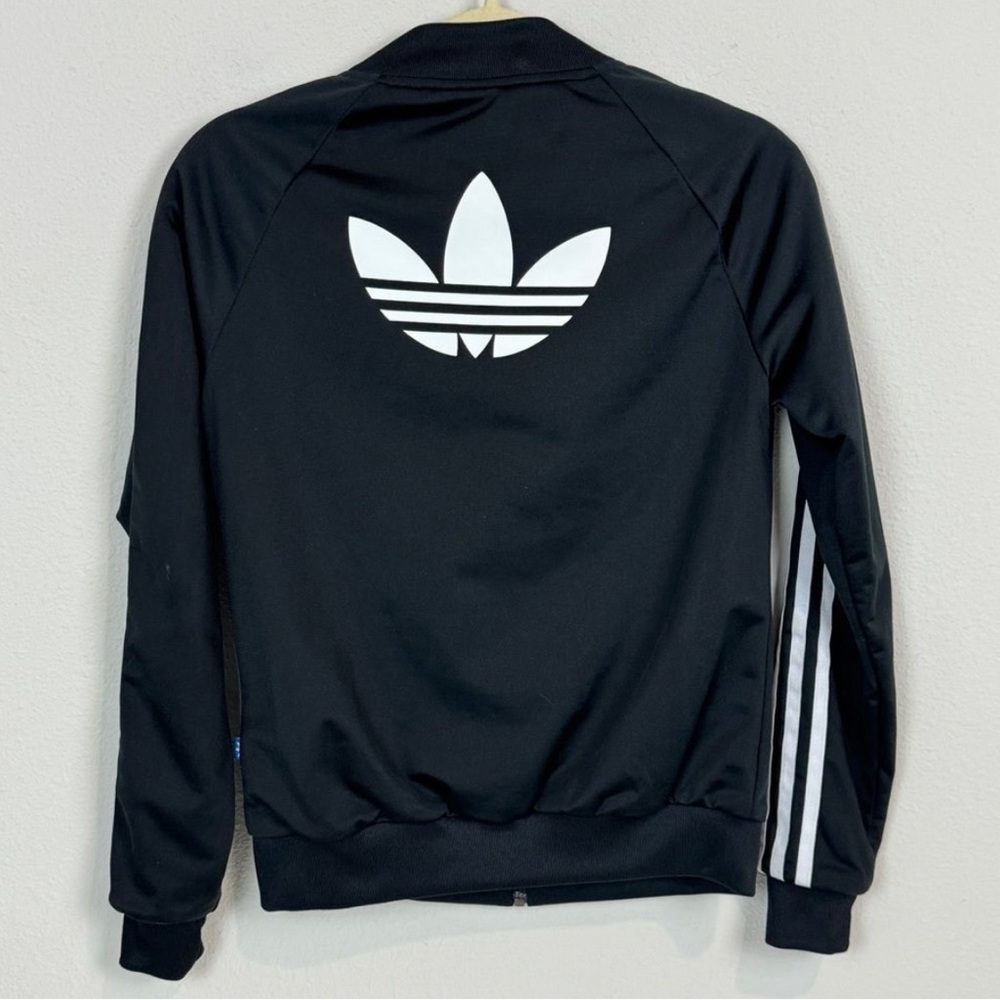 Adidas Women’s Black Track Trefoil Full Zip Stripe Sleeve Jacket XS Logo on Back
